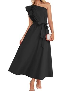 One-Shoulder Black Ruffle Cocktail Dress
